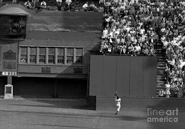 1950-1959 Poster featuring the photograph Willie Mays Makes His Famous Catch Off by New York Daily News Archive
