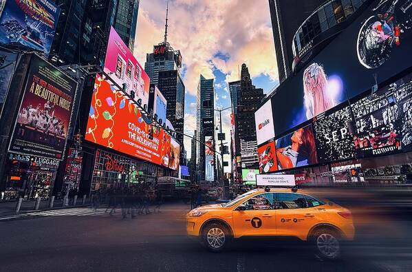  Poster featuring the photograph Yellow Cab In Time Square by Kenneth Zeng