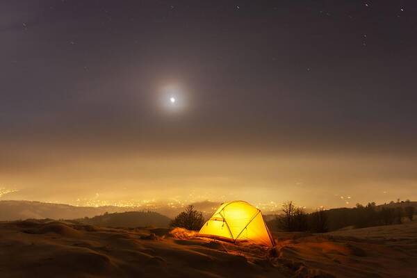 Landscape Poster featuring the photograph Yellow Tent Lighted by Ivan Kmit