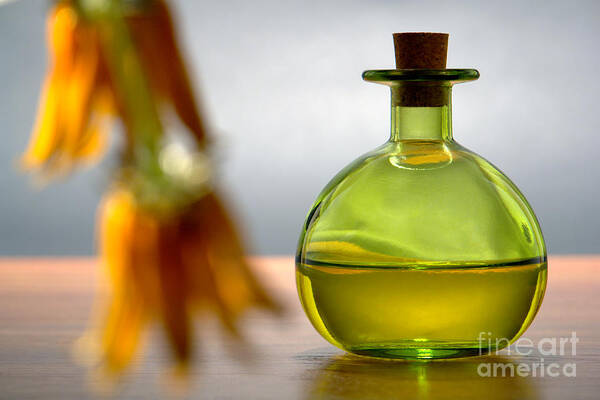 Aromatherapy Poster featuring the photograph Green Aromatherapy Bottle with Flower Foreground by Olivier Le Queinec