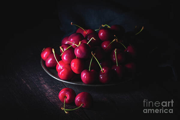 Vegan Poster featuring the photograph  Dark red cherries on a pewter plate #1 by Jane Rix