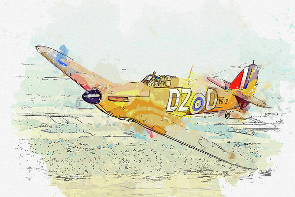 Hawker Poster featuring the painting Hawker Hurricane in watercolor ca by Ahmet Asar #1 by Celestial Images