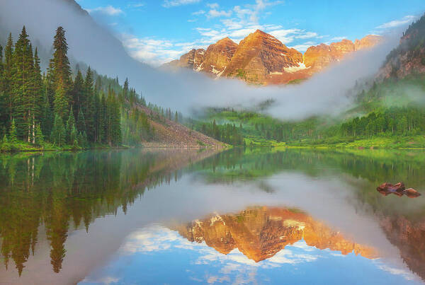 Maroon Bells Poster featuring the photograph Morning Fog #1 by Darren White