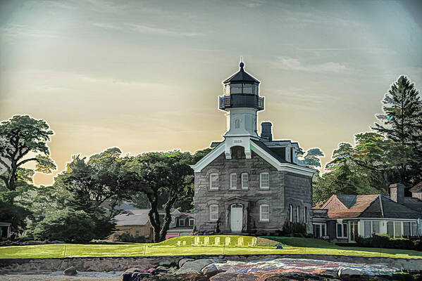 Morgan Point Lighthouse Poster featuring the photograph Mystic River Morgan Light House at Sunset #1 by Alan Goldberg