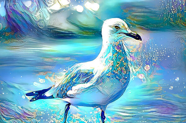 Bird Poster featuring the mixed media Colorful Seagull By The Seashore by Debra Kewley