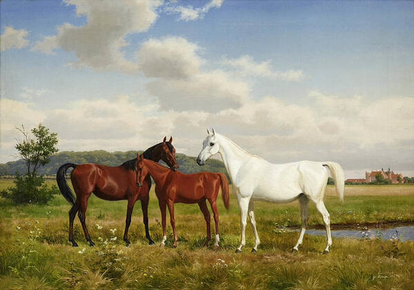 Pretty Poster featuring the painting The thoroughbred mare Mirza with her offspring Djemila and Sida after the Arab thoroughbred herd Efe #1 by Carl Bogh