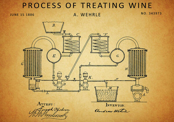 1886 Wine Treatment Patent Poster featuring the drawing 1886 Wine Treatment Patent by Dan Sproul