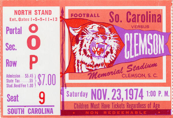 South Carolina Poster featuring the drawing 1974 South Carolina vs. Clemson by Row One Brand