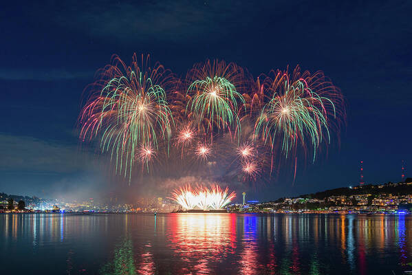 Outdoor; Firework; Celebration; July 4th; Independence Day; Seattle; Post Corvid-19; Gas Works Park; Lake Union; Space Needle; Downtown; Downtown Seattle; Washington Beauty Poster featuring the digital art July 4th Celebration at Gas Works Park #2 by Michael Lee