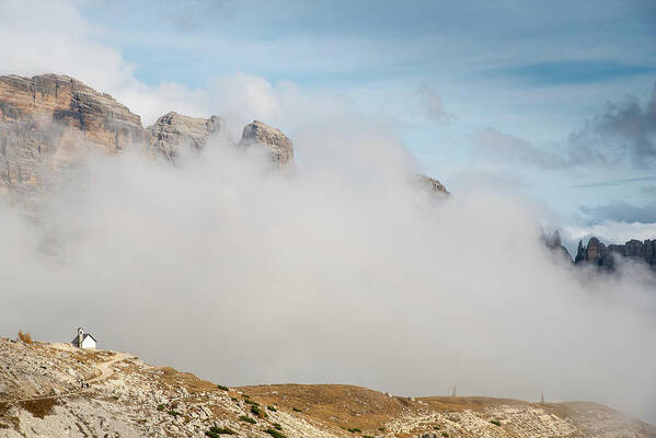 Tre Cime Poster featuring the photograph Mountain landscape with fog in autumn. Tre Cime dolomiti Italy. #2 by Michalakis Ppalis