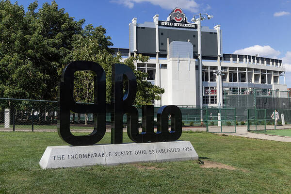 Buckeyes Football Poster featuring the photograph Ohio script statue at Ohio State University #2 by Eldon McGraw