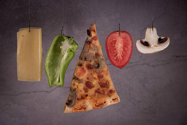 Pizza Poster featuring the photograph Slice of mozzarella pizza tomato cheese peeper and mushroom ingredients #3 by Michalakis Ppalis