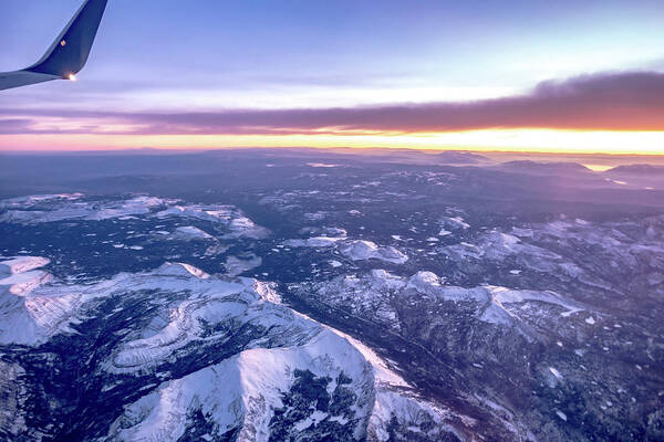 Flying Poster featuring the photograph Flying Over Rockies In Airplane From Salt Lake City At Sunset #4 by Alex Grichenko