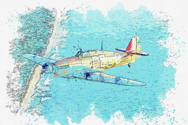 Hawker Poster featuring the painting Hawker Hurricane in watercolor ca by Ahmet Asar #4 by Celestial Images