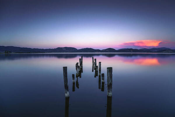 Lake Poster featuring the photograph Pier Remains Twilight by Stefano Orazzini