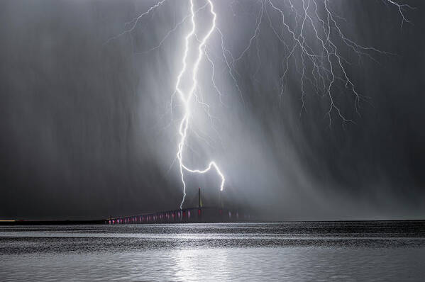Sunshineskywaybridge Poster featuring the photograph A Dark and Stormy Night by Justin Battles