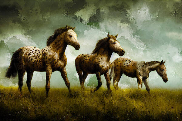 Appaloosa Poster featuring the digital art A group of appaloosa horses on pasture - digital painting by Nicko Prints