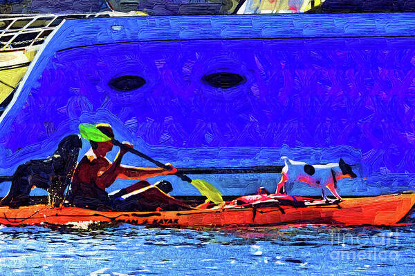 Kayak Poster featuring the painting A Man His Kayak and His Dogs by Kirt Tisdale
