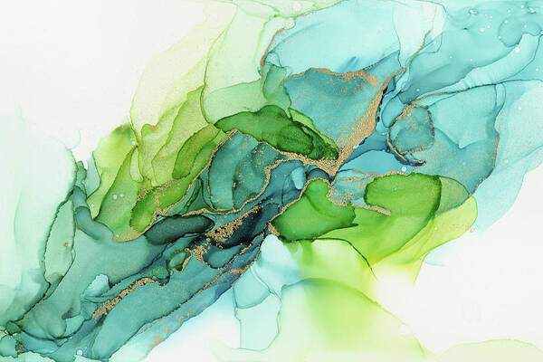 Watercolor Poster featuring the painting Abstract Ink Blue Gold Green by Olga Shvartsur