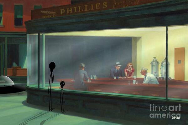 Edward Hopper Poster featuring the digital art Aliens Peer Into Nighthawks Diner by Donna Mibus