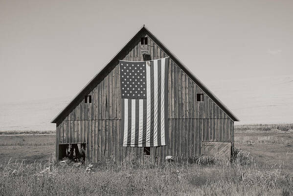 Farm Poster featuring the photograph American Flag and Barn Sepia by Connie Carr