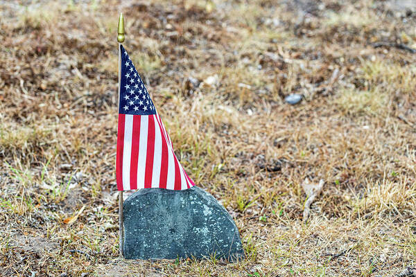 Patriotic Poster featuring the photograph American Flag On a Grave by Amelia Pearn