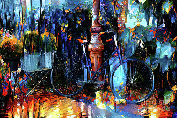 Amsterdam Poster featuring the photograph Amsterdam street scene with bicycle leaning against a lamp post and colourful flowers. Digital painting by Jane Rix