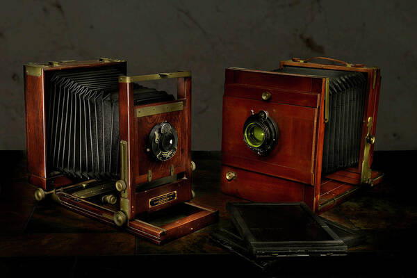 Camera Poster featuring the photograph Antique View Cameras Lightpainting by Steve Templeton