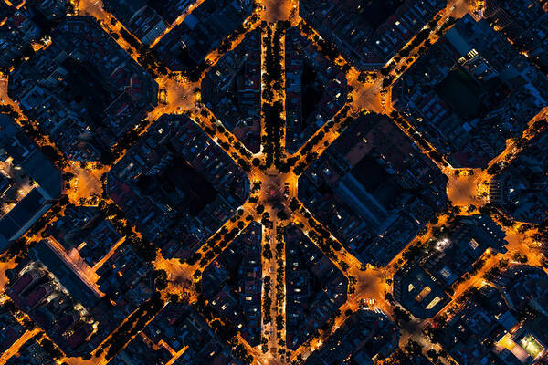 Barcelona Poster featuring the photograph Barcelona street night aerial View by Songquan Deng