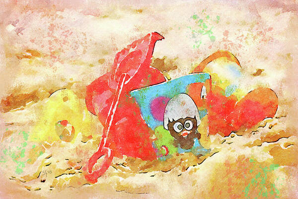 Beach Poster featuring the mixed media Beach Abstract Colorful Toys in the Sand Watercolor Painting by Shelli Fitzpatrick