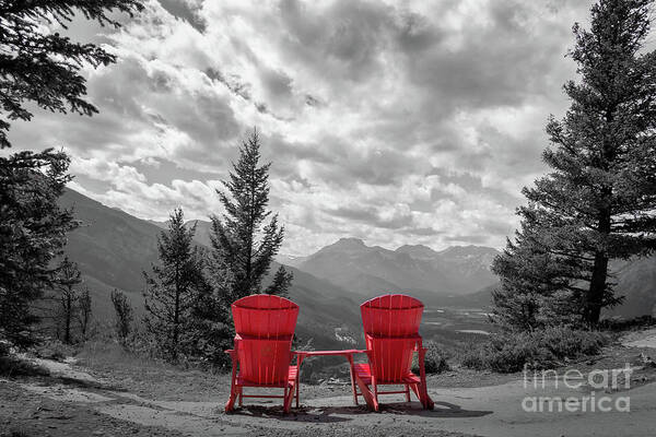 Banff Poster featuring the photograph Best view in Banff, chairs on Tunnel mountain by Delphimages Photo Creations