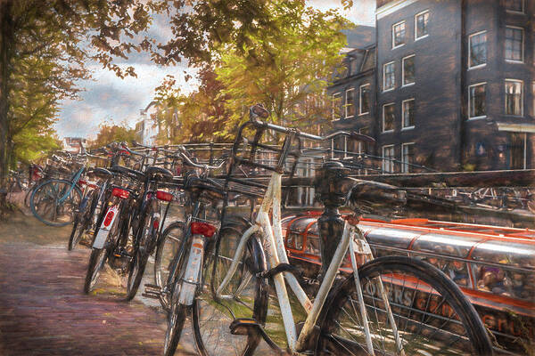 Boats Poster featuring the photograph Bicycles of Every Color in Amsterdam Painting by Debra and Dave Vanderlaan