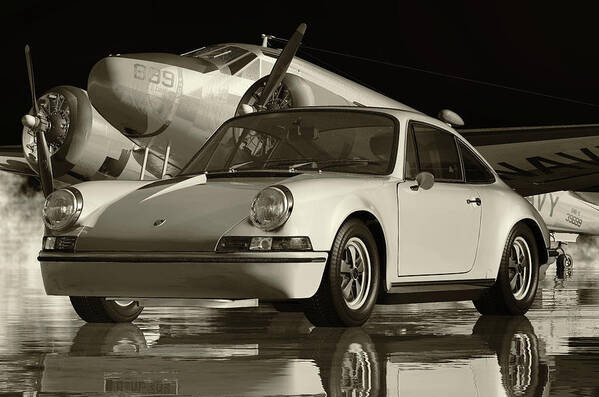 Porsche Poster featuring the digital art Black and White Photo of a Porsche 911 by Jan Keteleer