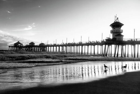 Huntington Beach Poster featuring the photograph Black California Series - Huntington Beach at Sunset by Philippe HUGONNARD