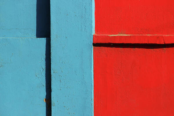 Blue Poster featuring the photograph Blue and Red Wall - Minimalist Background by Prakash Ghai