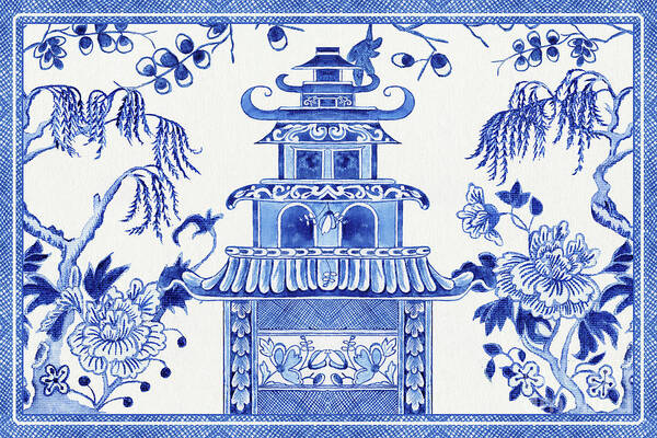 Chinoiserie Poster featuring the painting Blue and White Chinoiserie Chinese Pagoda Temple Peony Floral Willow Tree by Audrey Jeanne Roberts