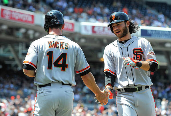 Second Inning Poster featuring the photograph Brandon Hicks and Brandon Crawford by Denis Poroy