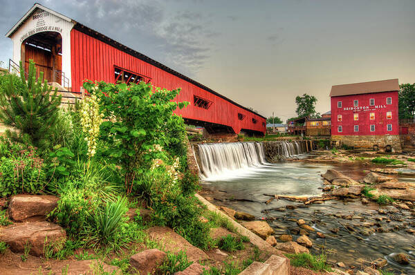 Bridgeton Mill Art Poster featuring the photograph Bridgeton Mill and Covered Bridge by Gregory Ballos