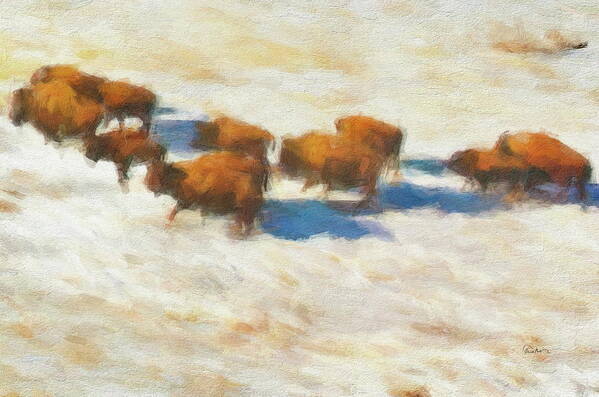 Buffalo Poster featuring the digital art Buffalo Herd in Snow by Russ Harris