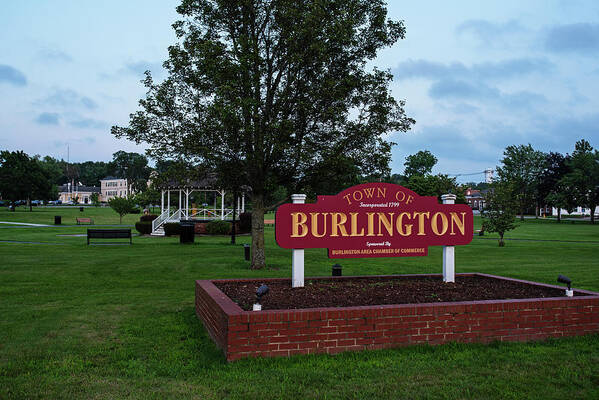 Burlington Poster featuring the photograph Burlington MA City Sign Town Common Magee Gazebo by Toby McGuire
