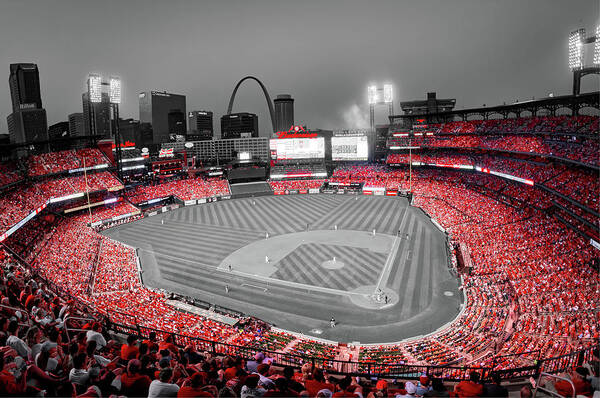 Saint Louis Poster featuring the photograph Saint Louis Nights And Baseball Stadium Lights With A Sea Of Red - Selective Color by Gregory Ballos