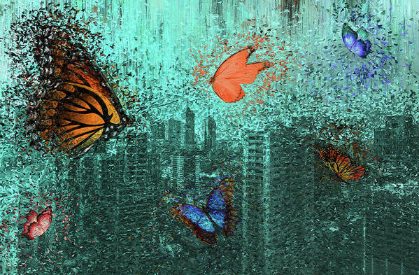 Butterflies Poster featuring the mixed media Butterflies over the City by Alex Mir