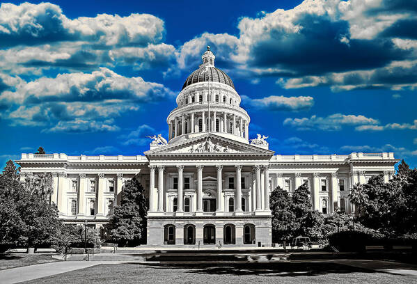 California State Capitol Poster featuring the digital art California State Capitol in Sacramento - Black and white, with the blue sky isolated by Nicko Prints