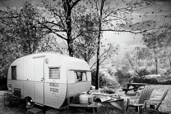 White Poster featuring the photograph Camping at the Creek Black and White by Debra and Dave Vanderlaan