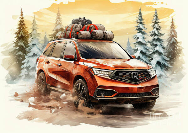 Vehicles Poster featuring the painting Car 505 Vehicles Acura MDX vintage with a Christmas tree and some Christmas gifts by Clark Leffler