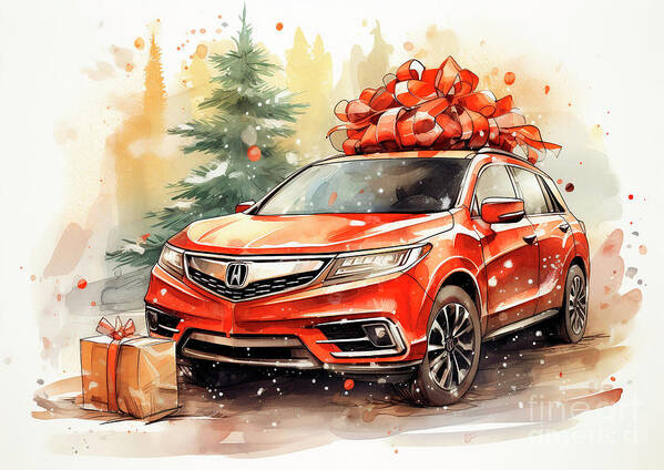 Vehicles Poster featuring the painting Car 506 Vehicles Acura MDX vintage with a Christmas tree and some Christmas gifts by Clark Leffler