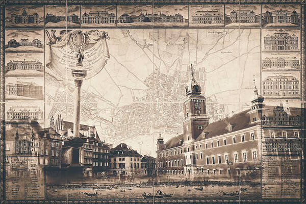Warsaw Poster featuring the photograph Castle Square Warsaw Poland With Vintage Map Nostalgic Sepia by Carol Japp