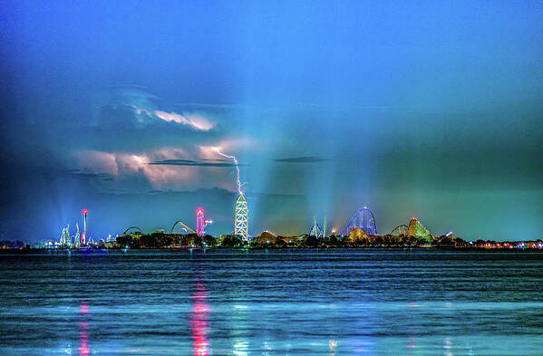Cedar Point Poster featuring the photograph Cedar Point Amusement Park Lightning Storm Second Revision v2 by Dave Morgan