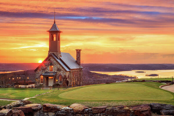 Branson Poster featuring the photograph Chapel Of The Ozarks Top Of The Rock Sunset by James Eddy