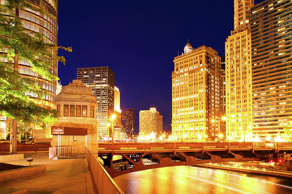 Chicago Skyline Poster featuring the photograph Chicago Skyline River Bridge Night by Patrick Malon